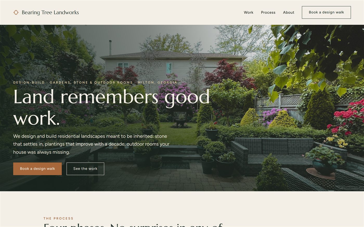 Bearing Tree Landworks concept website: full-bleed garden photograph under the serif headline 'Land remembers good work.' with a copper design-walk button