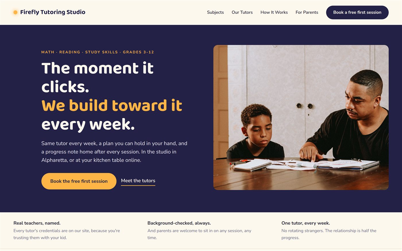 Firefly Tutoring Studio concept website: warm dusk-indigo hero with rounded amber type reading 'The moment it clicks. We build toward it every week.' beside a photo of a tutor and student working at a table