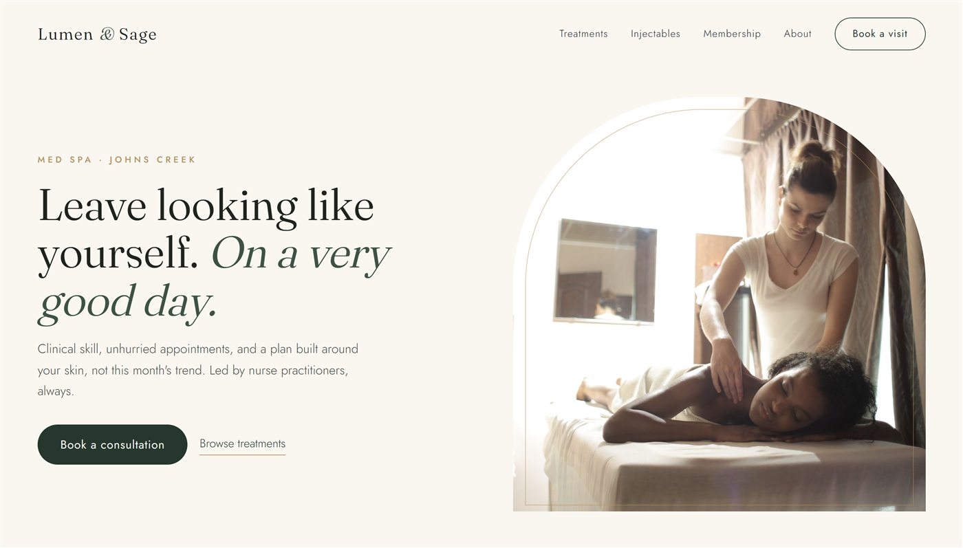 Lumen and Sage concept website: serene ivory med spa page, editorial serif headline 'Leave looking like yourself. On a very good day.', arched treatment-room photograph