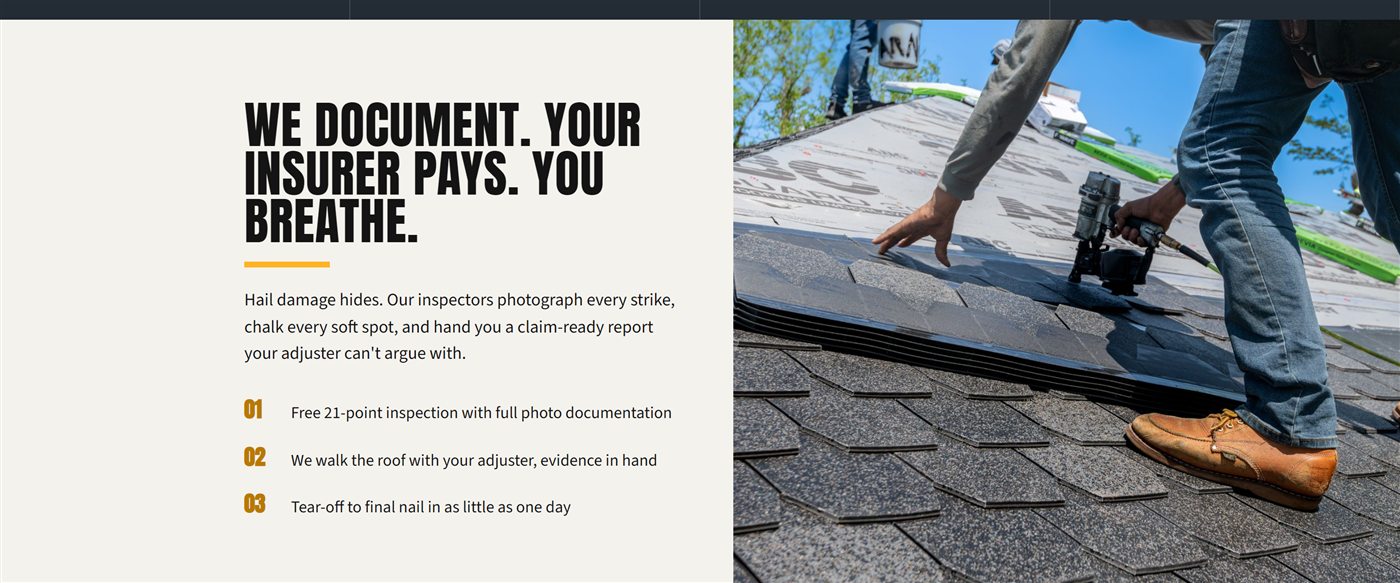 Stormgrade concept website, insurance process section: 'We document. Your insurer pays. You breathe.' beside roofers installing shingles